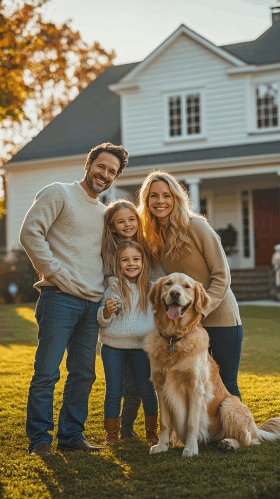 Happy family standing outside their new home, symbolizing home and life insurance protection.