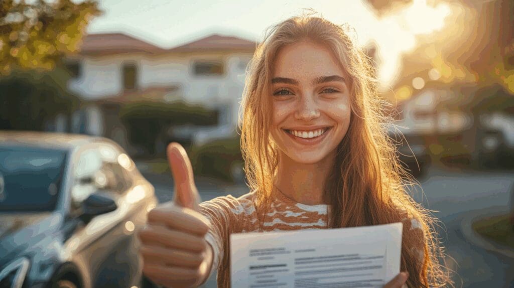 Satisfied auto insurance customer standing outside car giving thumbs-up