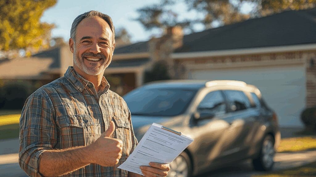Satisfied auto insurance customer standing outside car giving thumbs-up