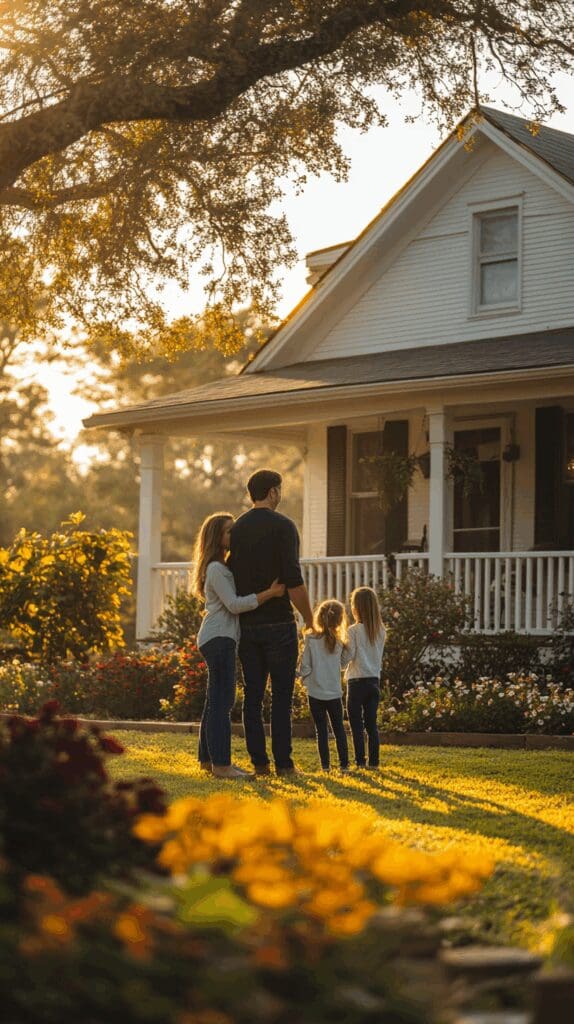 Home Insurance, Happy Texas family standing in front of their brick home, symbolizing reliable home insurance protection.