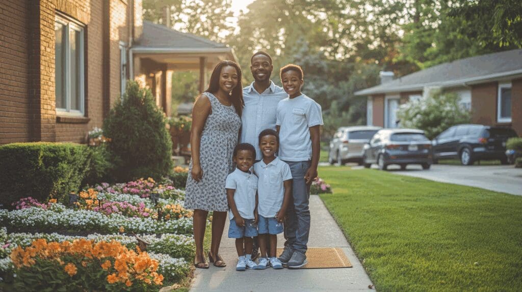 Happy family standing outside their new home, symbolizing home and life insurance protection.