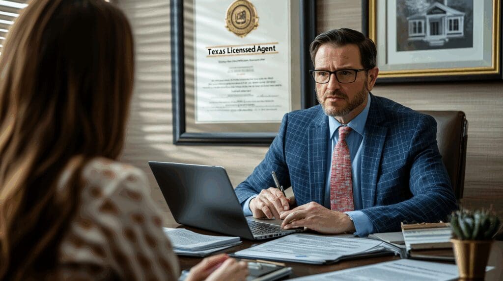 Licensed Texas insurance agent discussing home insurance quotes with a homeowner.