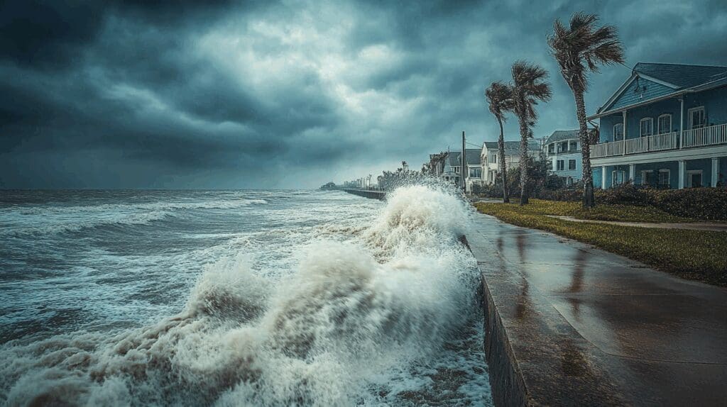 High waves crashing on the Galveston seawall, representing flood risks along the Texas coast.