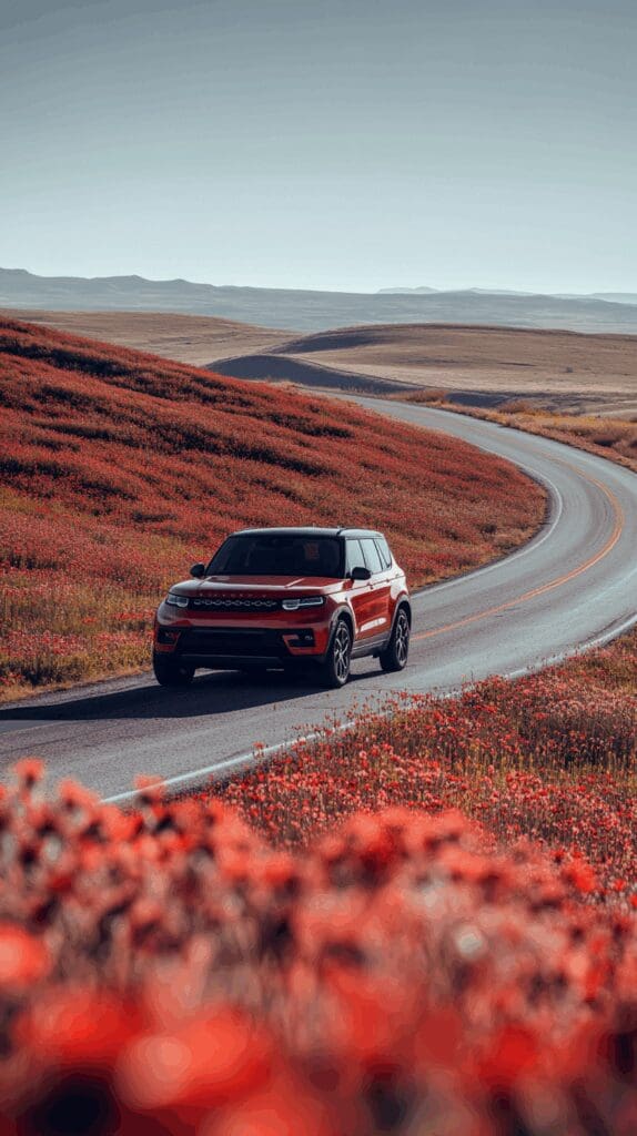 Red SUV driving along a scenic road in Texas, representing safe and reliable auto insurance coverage.