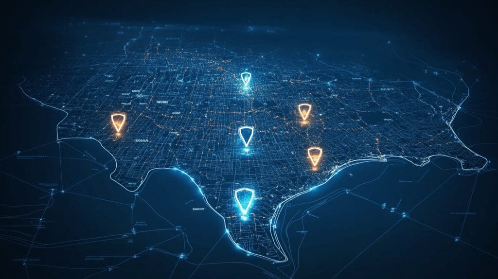 Illustrated map of Texas with pins on cities like Dallas, Austin, San Antonio, and Houston