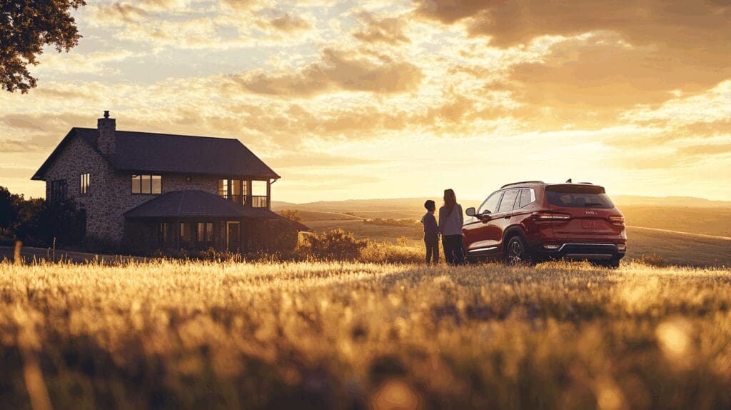 Auto Insurance For Texas family next to their SUV with a suburban neighborhood in the background