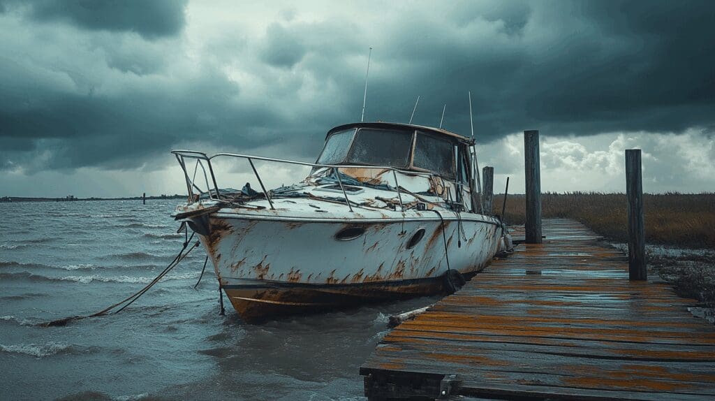 Storm-damaged boat at a Texas dock, highlighting the need for comprehensive boat insurance coverage.