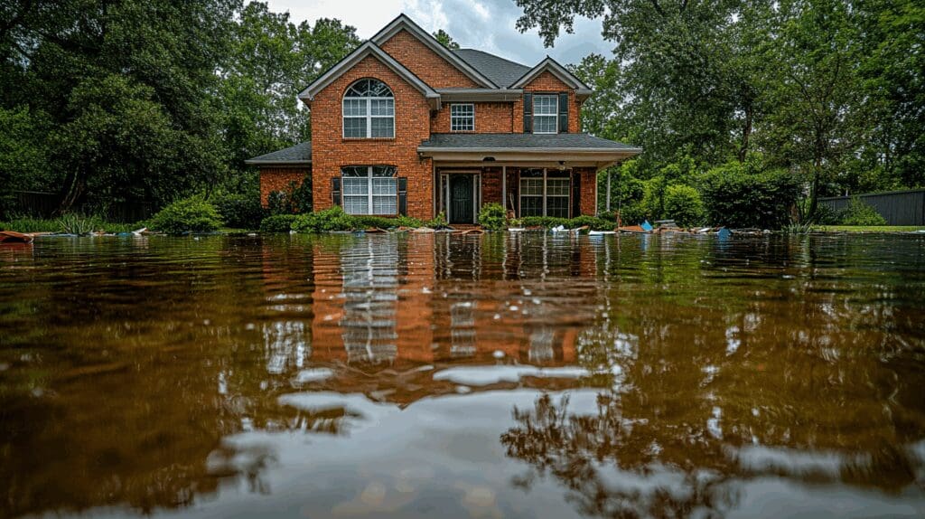 A suburban Texas house partially flooded after heavy rainfall, showing the importance of flood insurance for texas coverage