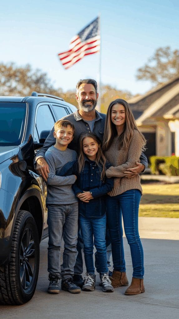 Smiling Texas family next to their SUV with a suburban neighborhood in the background