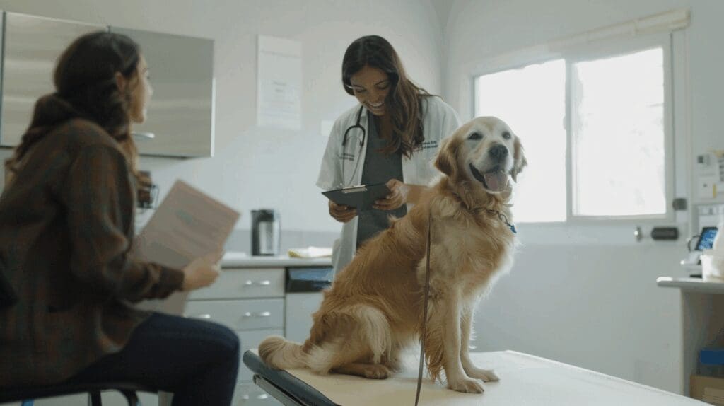 Dog and owner at vet clinic reviewing pet insurance coverage in Texas
